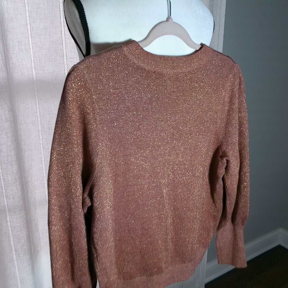 H&M Crew Neck Long Puffy Sleeve Shimmer Knit Pink Sweater L - Picture 4 of 10